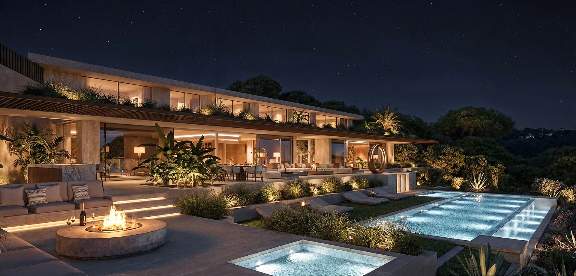Villa for sale south of France - estate south-west view by night